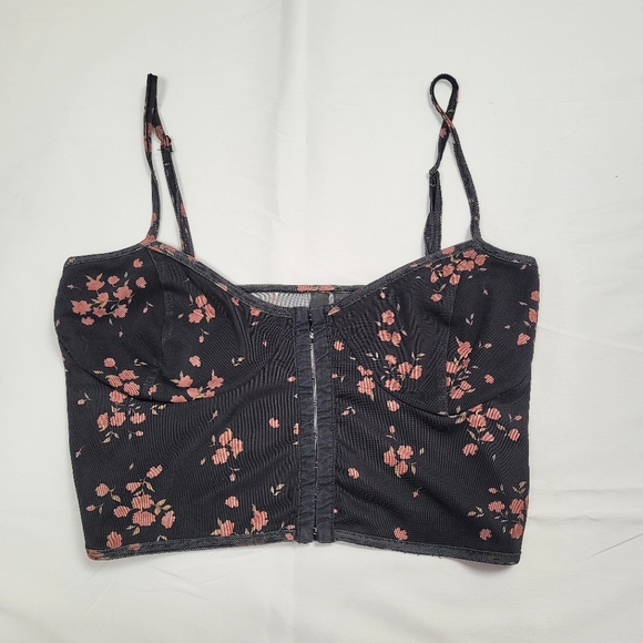 Garage Tops - Garage Black Floral Cropped Cami Top with Pink Blossoms